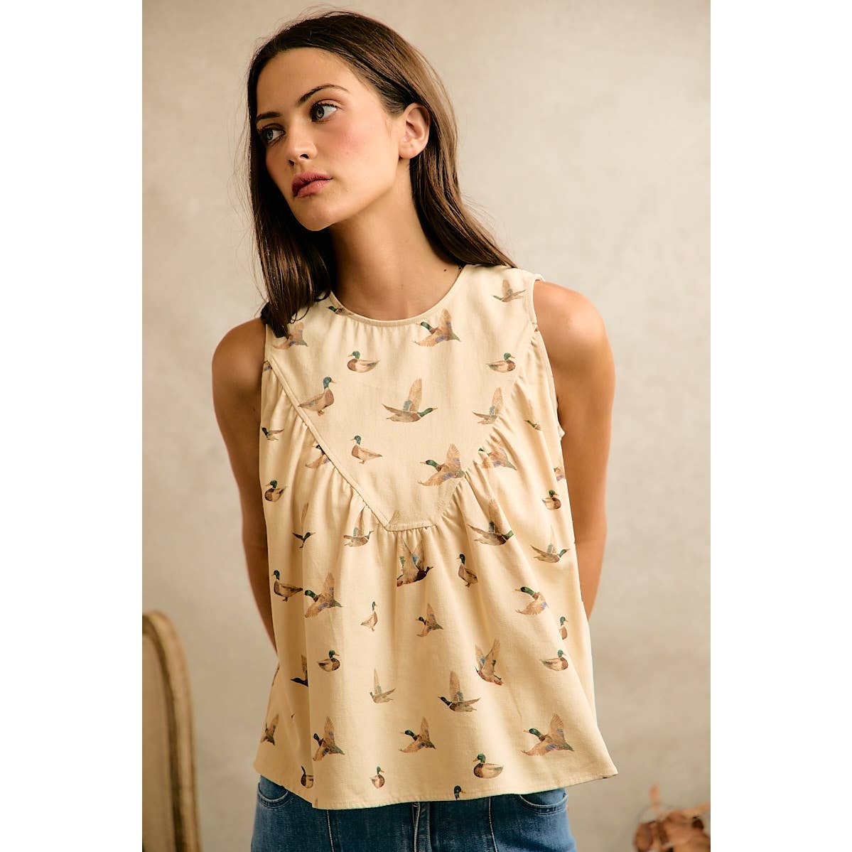 MALLARD DUCK PRINT COTTON TWILL WASH SHIRRED TANK TOP