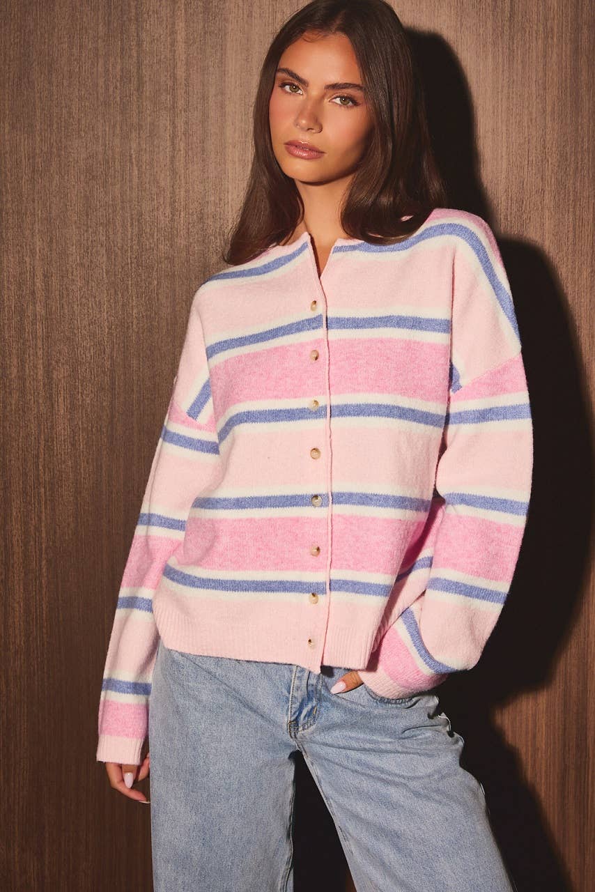 Striped Soft Knit Crew Neck Button Cardigan