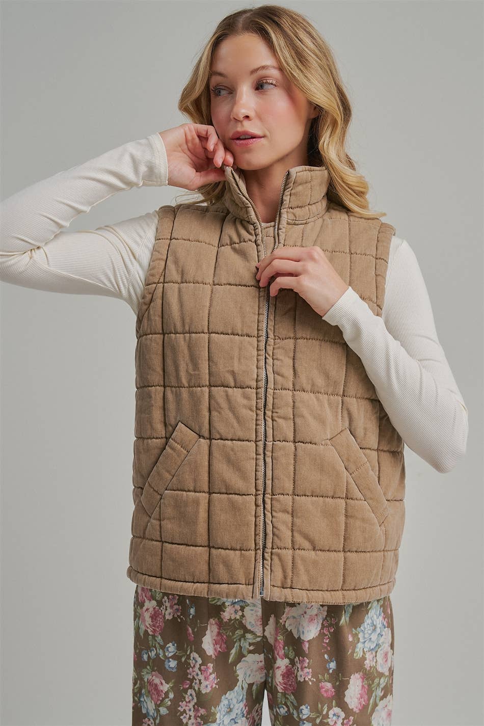VINTAGE WASHED QUILTED PUFFER VEST STAND COLLAR_JLT00330-01