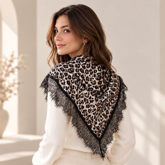 Patterned Silk-Feel Lace Trim Square Scarf | 40SC774