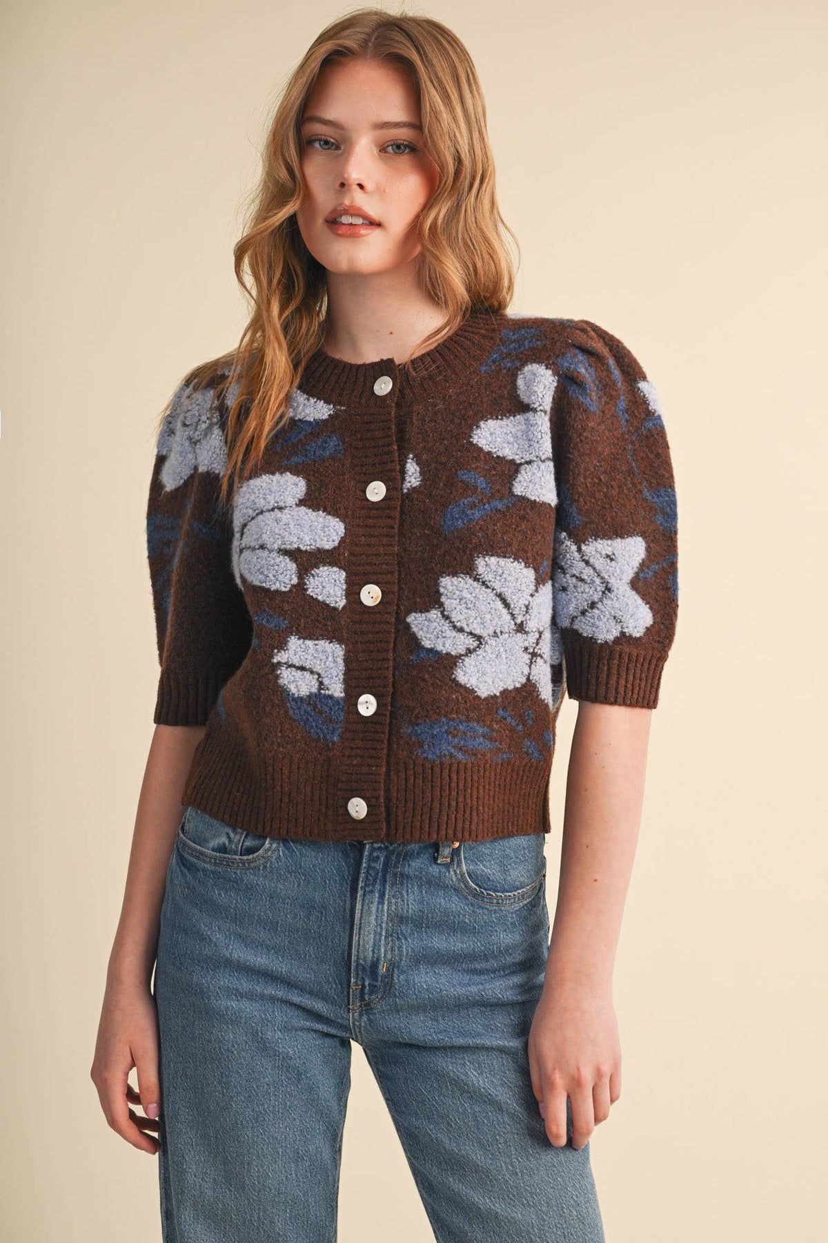 FLORAL KNIT SHORT PUFF SLEEVE SWEATER CARDIGAN MSW11393