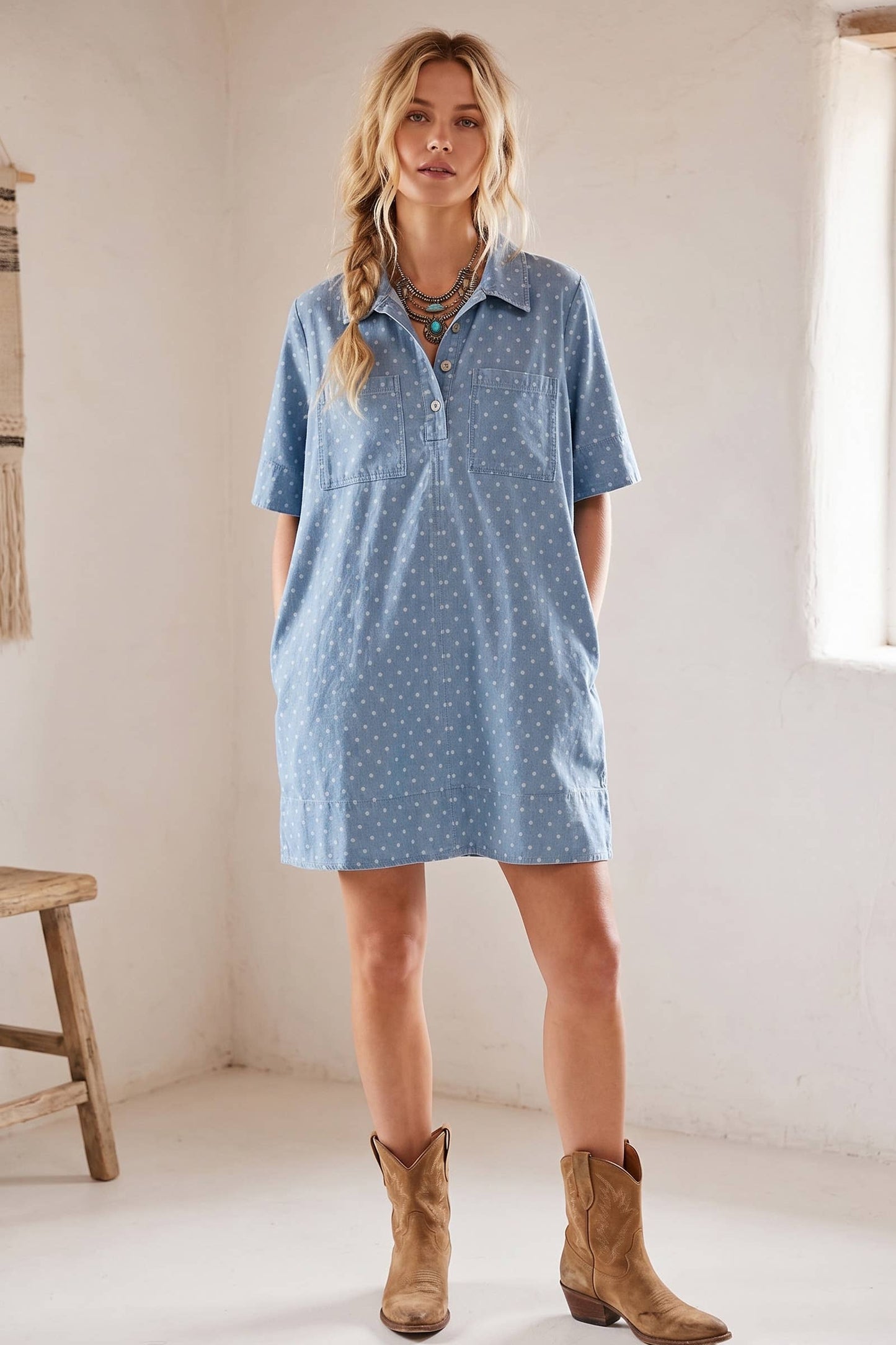 Polka Dot Denim Shirt Dress