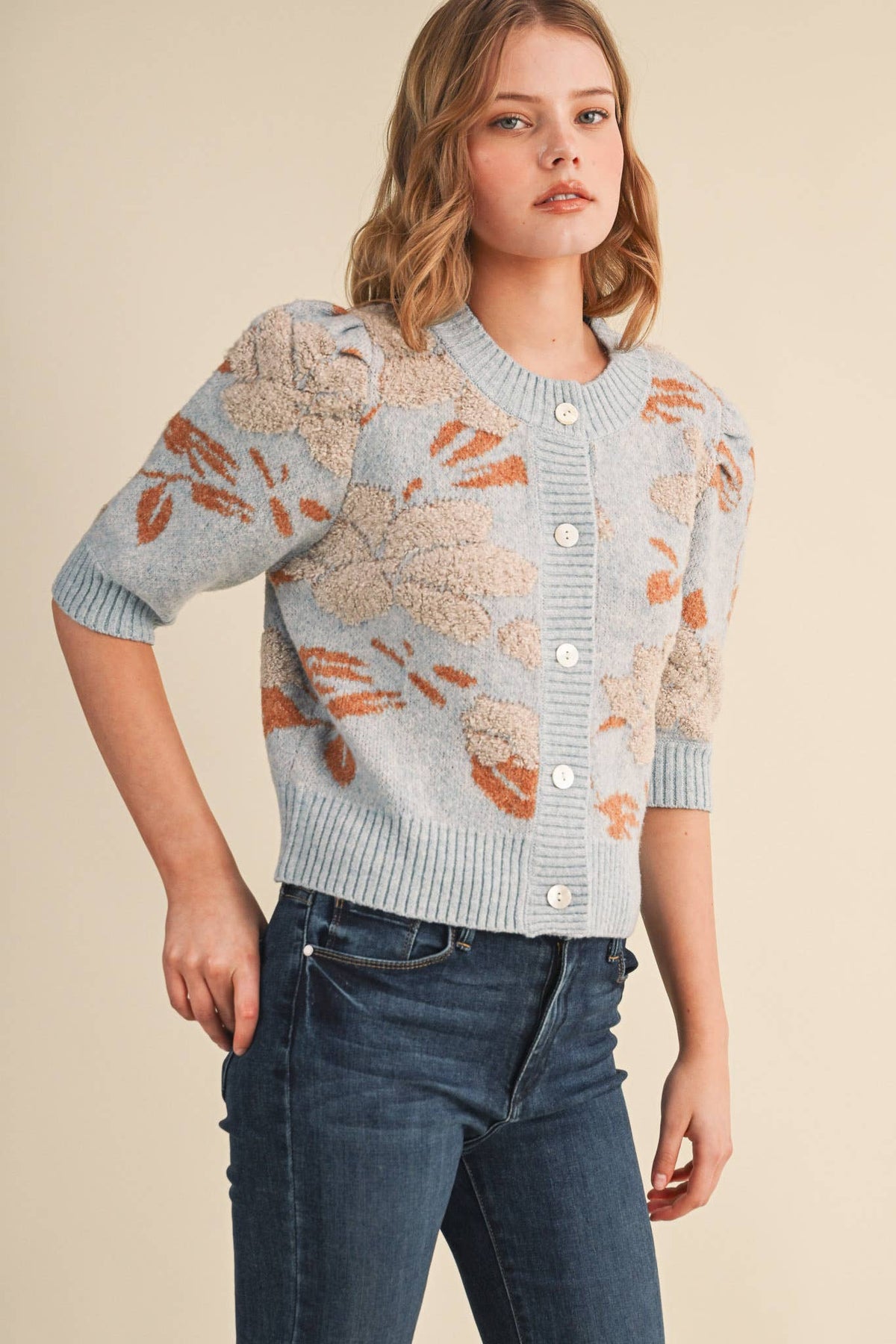 FLORAL KNIT SHORT PUFF SLEEVE SWEATER CARDIGAN MSW11393