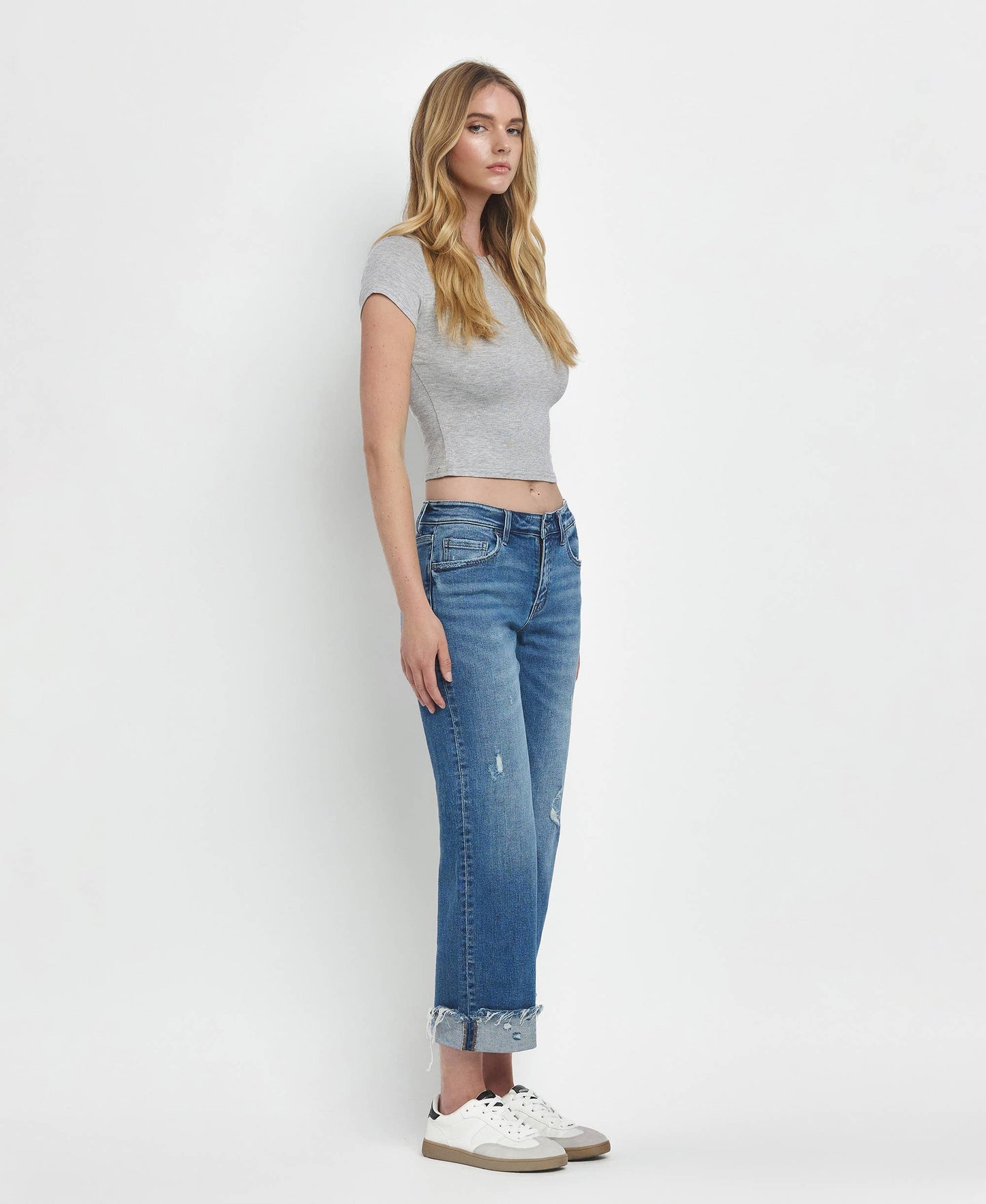 MID RISE RAW CUFFED HEM SLIM WIDE JEANS F5861