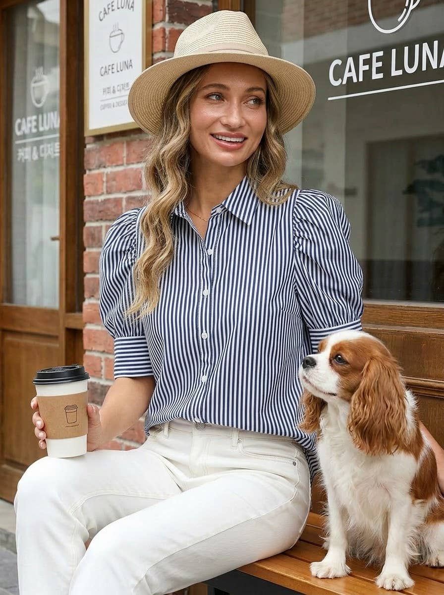 Striped Collared Neck Short Puff Sleeve Blouse Top VT81707