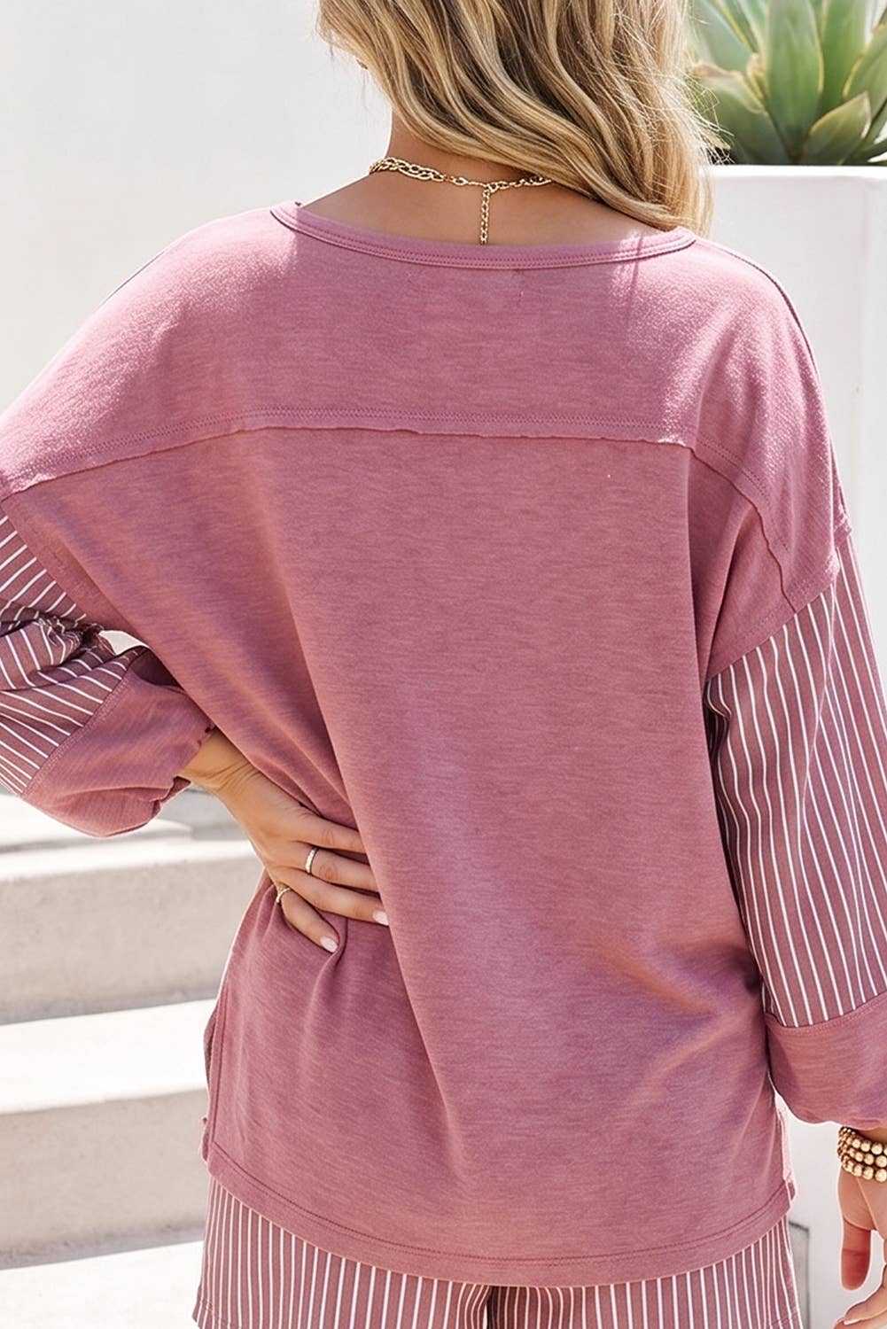 Stripe Patchwork Long Sleeve Top Pocket Pants 2pcs Set
