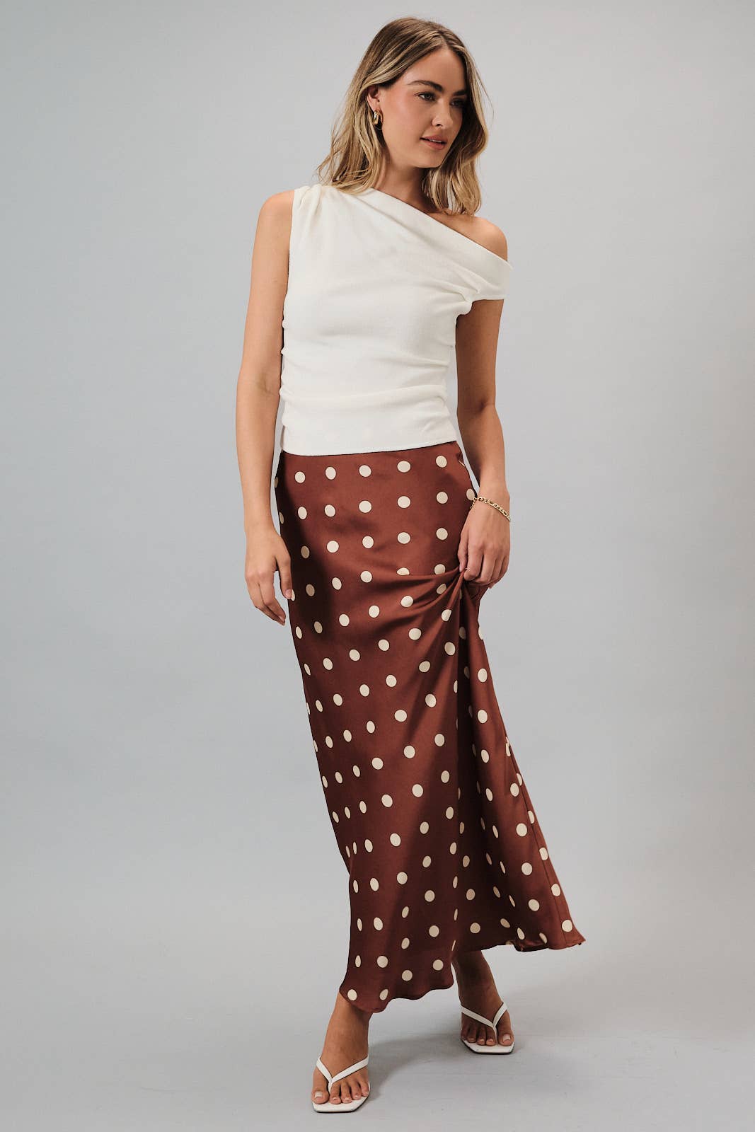 SATIN MIDI SKIRT WITH ELASTIC WAIST IN POLKA DOT