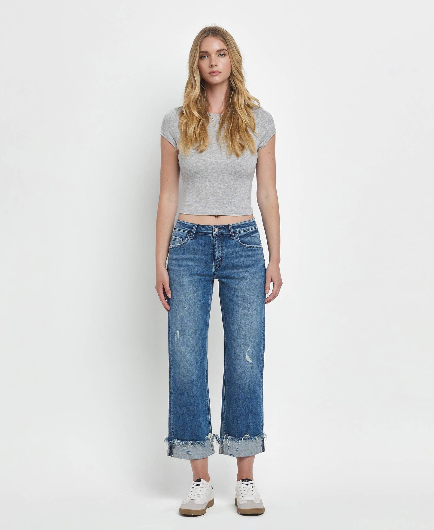 MID RISE RAW CUFFED HEM SLIM WIDE JEANS F5861