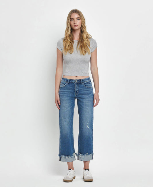 MID RISE RAW CUFFED HEM SLIM WIDE JEANS F5861