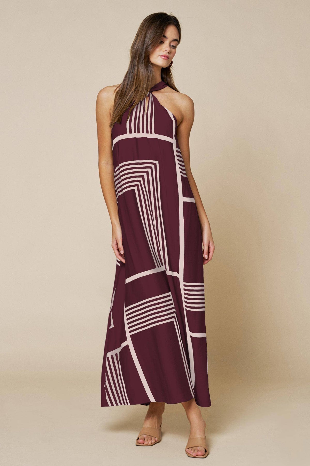 Geo Print Front Tie Keyhole Halter Maxi Dress