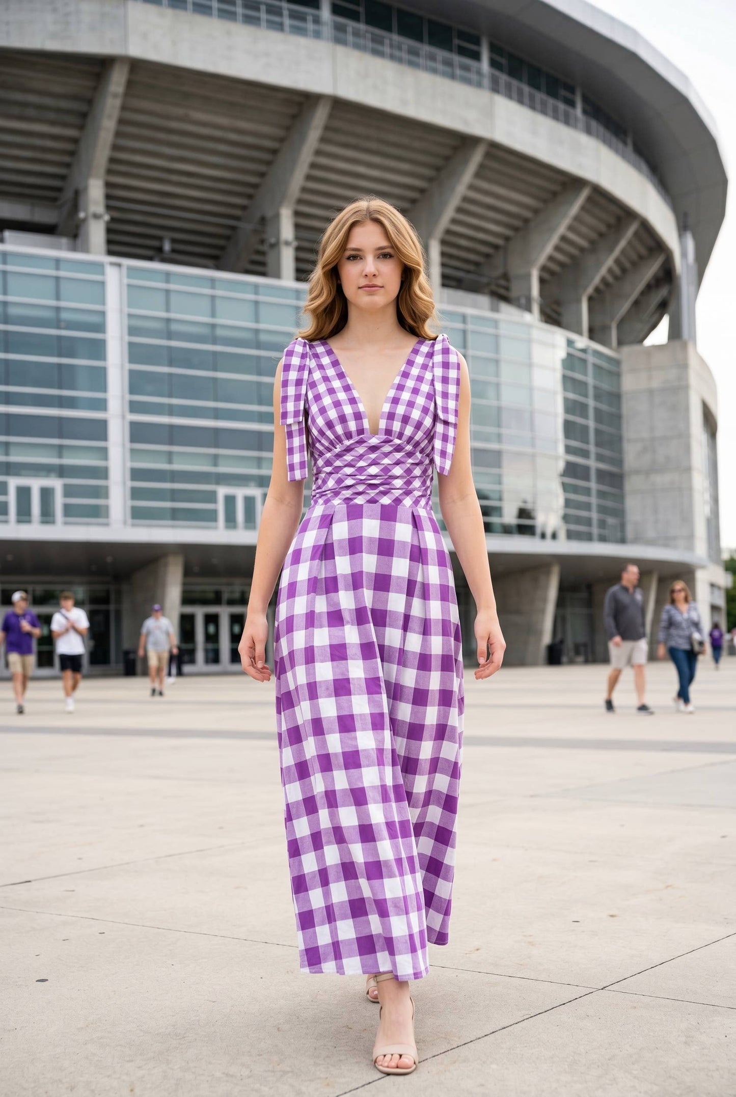Check Pattern Tie Shoulder Maxi Dress