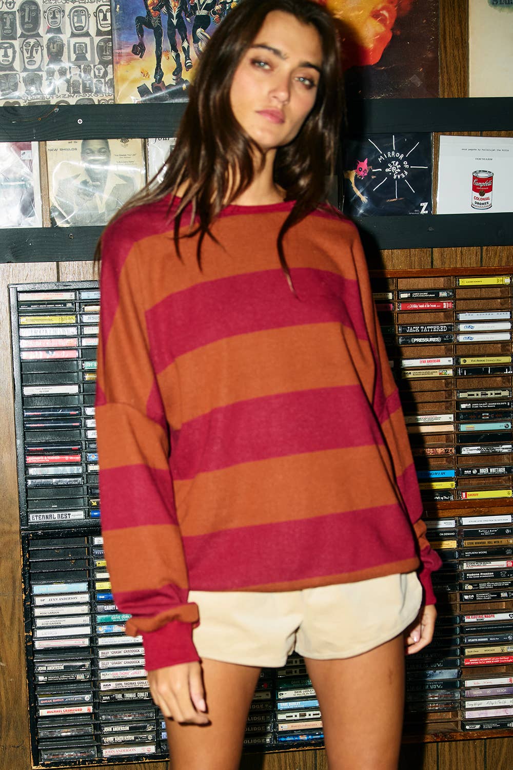 IT10015A | Cut-out Back Horizontal Stripe Sweatshirt