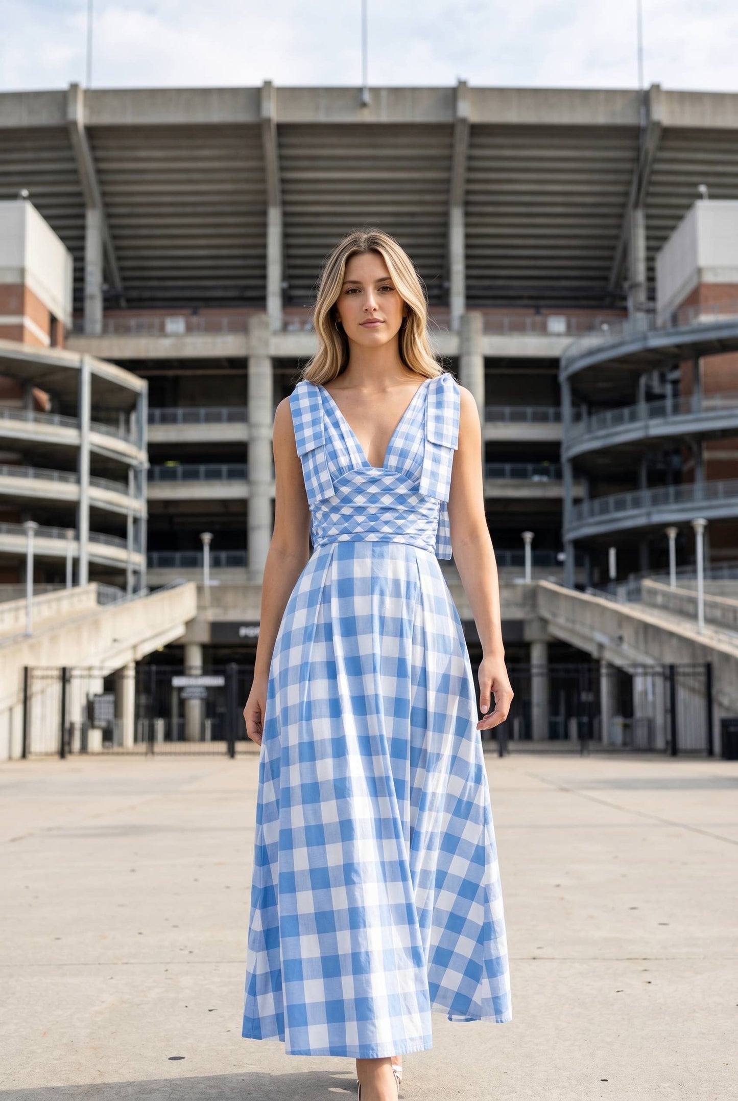 Check Pattern Tie Shoulder Maxi Dress