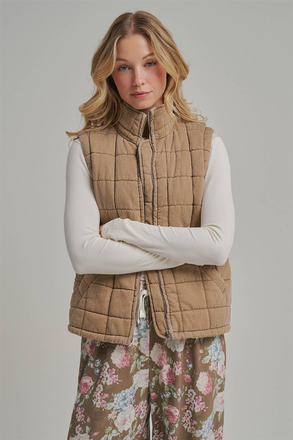 VINTAGE WASHED QUILTED PUFFER VEST STAND COLLAR_JLT00330-01