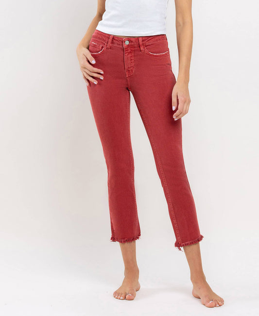 MID RISE FRAYED HEM CROP SLIM STRAIGHT JEANS V3500PRD