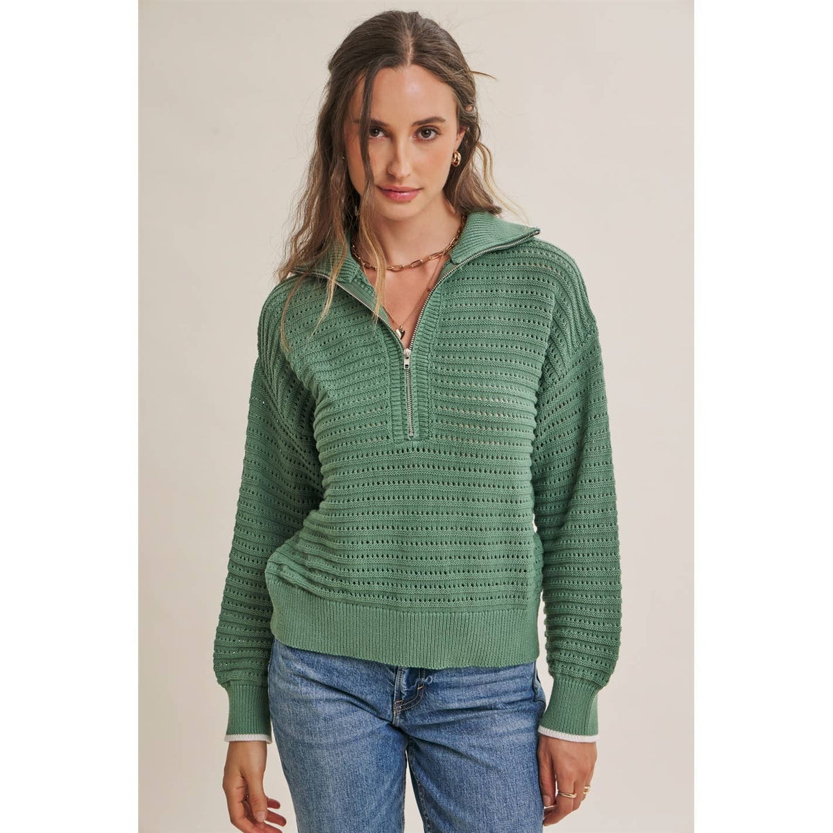 MOUNTAIN AIR CROCHET TEXTURE HALF-ZIP COTTON BLEND SWEATER