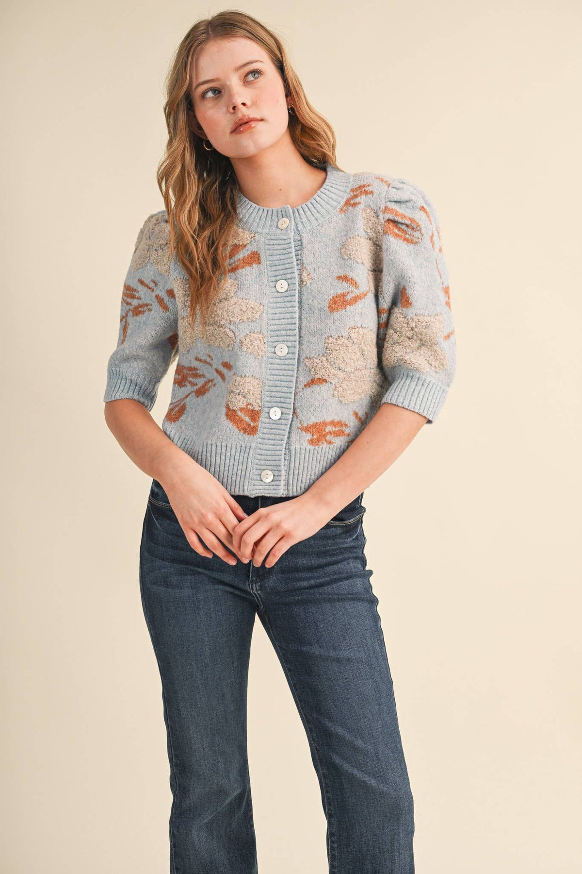 FLORAL KNIT SHORT PUFF SLEEVE SWEATER CARDIGAN MSW11393
