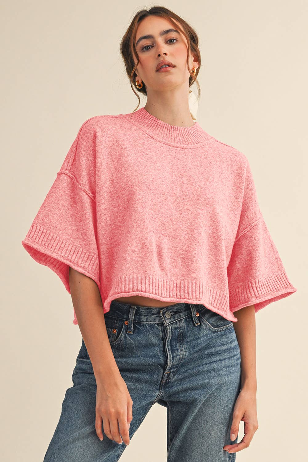MARLED KNIT MOCK NECK SHORT SLEEVE SWEATER MSW11178