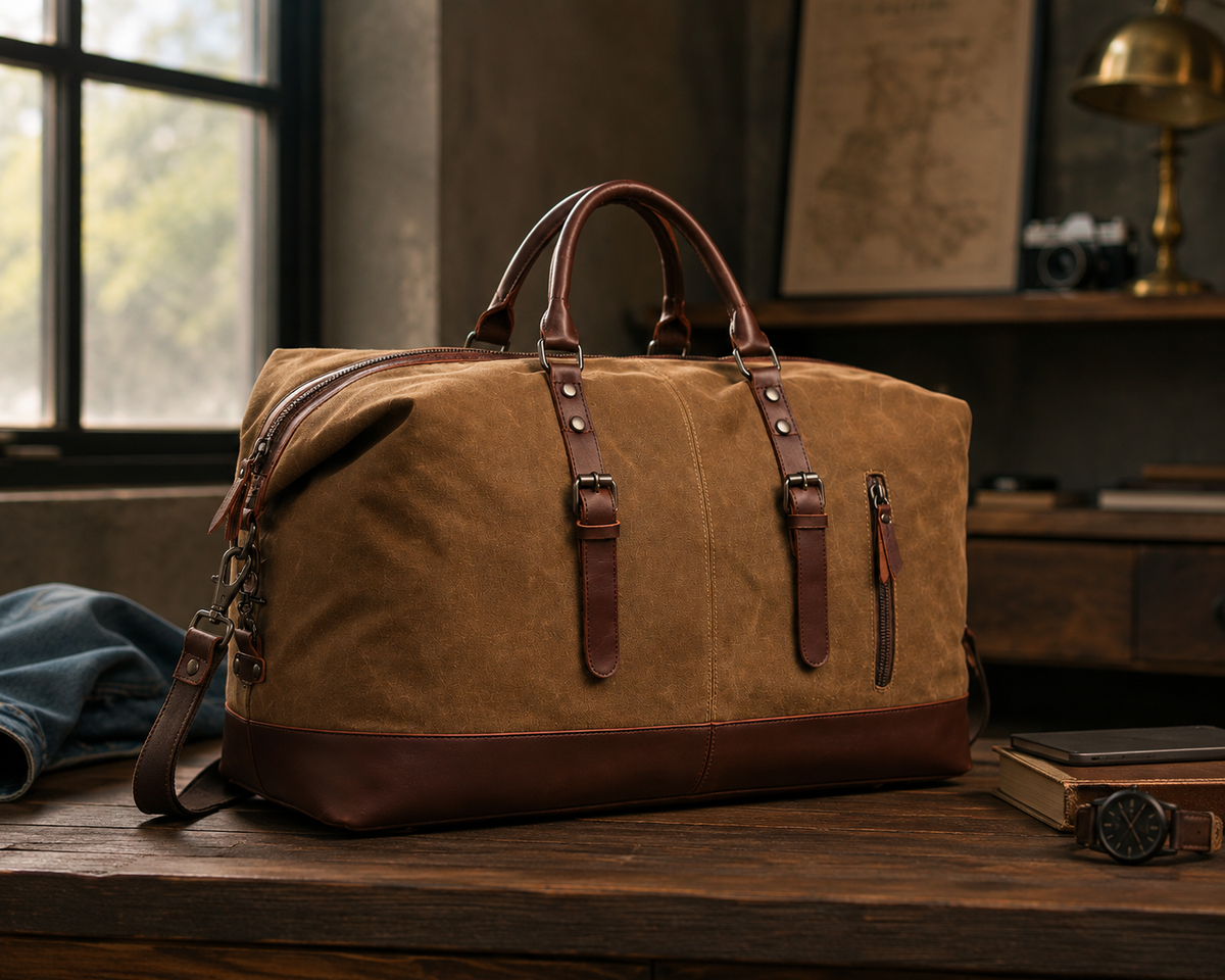 Vintage Waxed Canvas Leather Duffel Weekender Bag