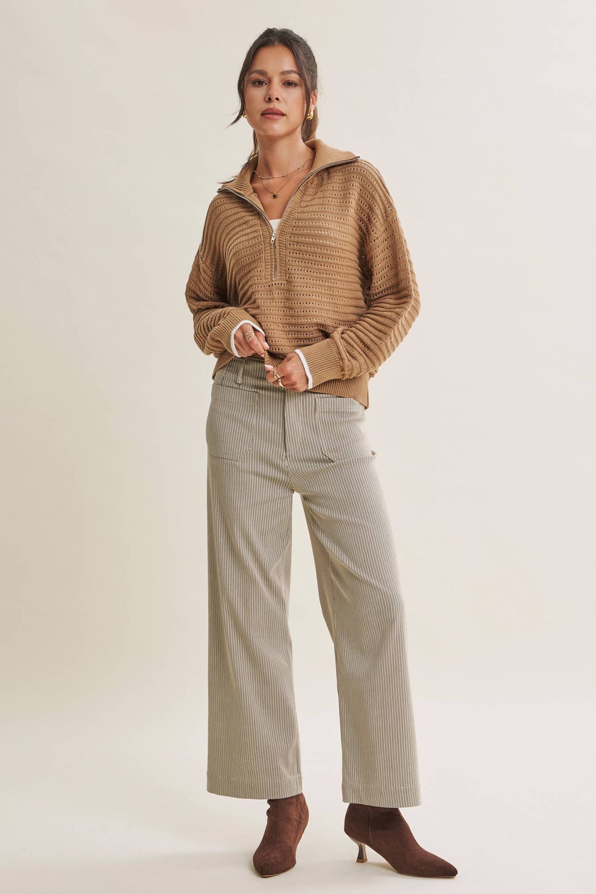 MOUNTAIN AIR CROCHET TEXTURE HALF-ZIP COTTON BLEND SWEATER