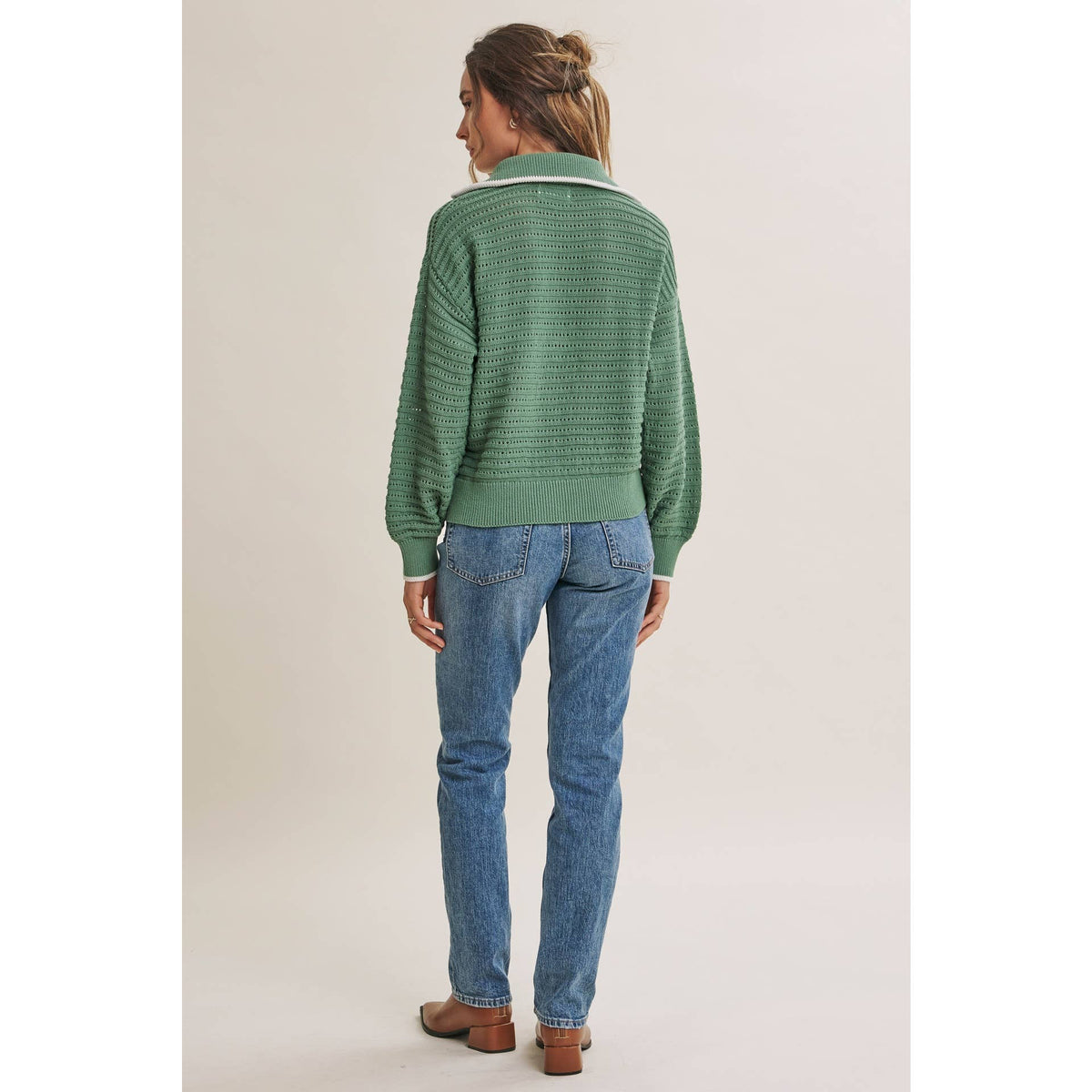 MOUNTAIN AIR CROCHET TEXTURE HALF-ZIP COTTON BLEND SWEATER