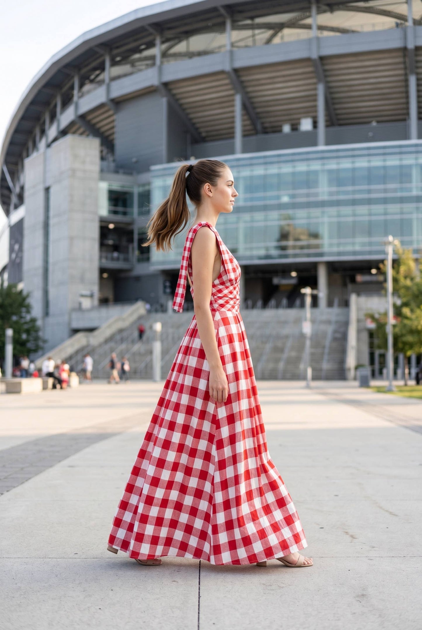 Check Pattern Tie Shoulder Maxi Dress