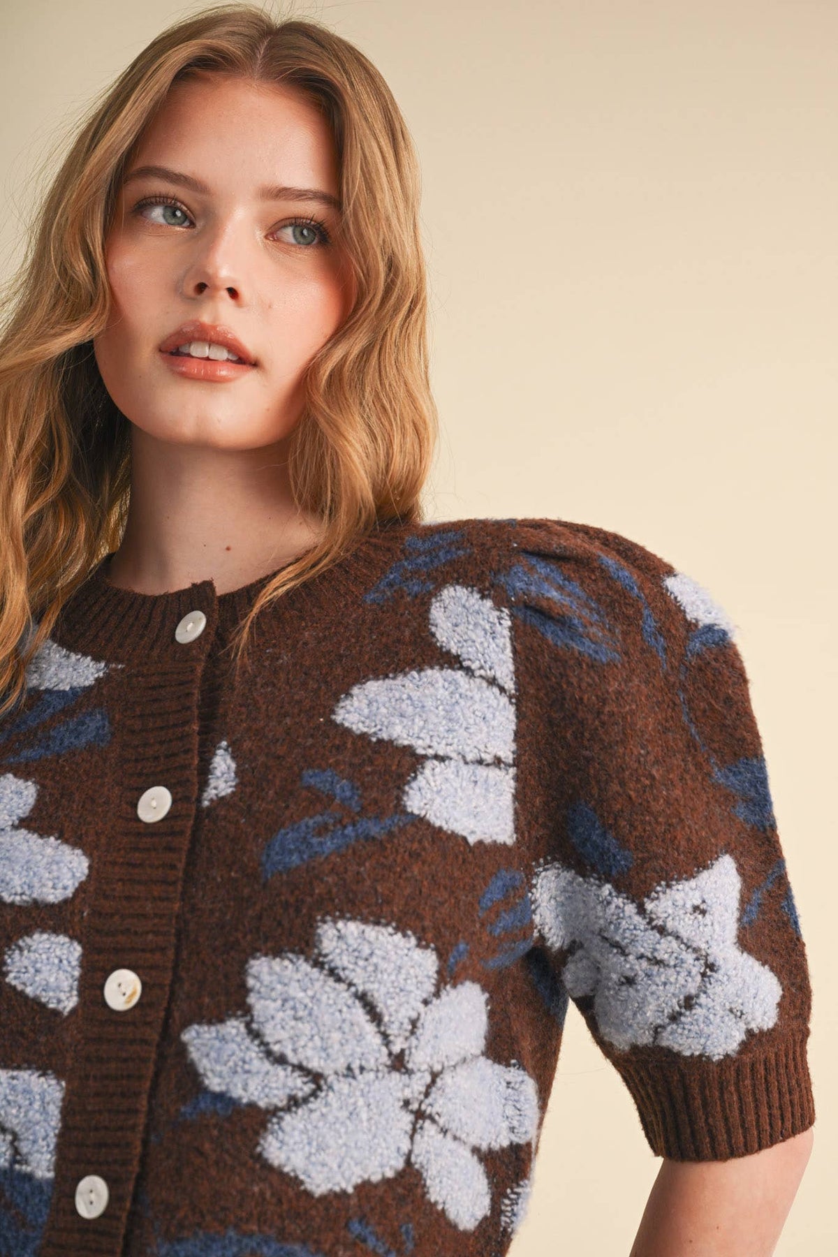 FLORAL KNIT SHORT PUFF SLEEVE SWEATER CARDIGAN MSW11393