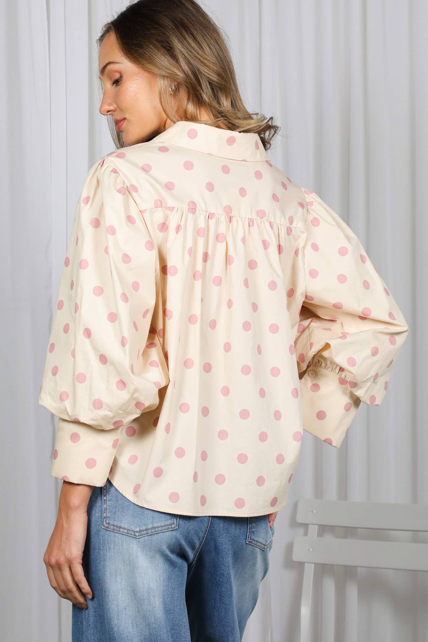 Playful Polka Dot 100%Cotton Puff Sleeve Shirt Top VT83244A