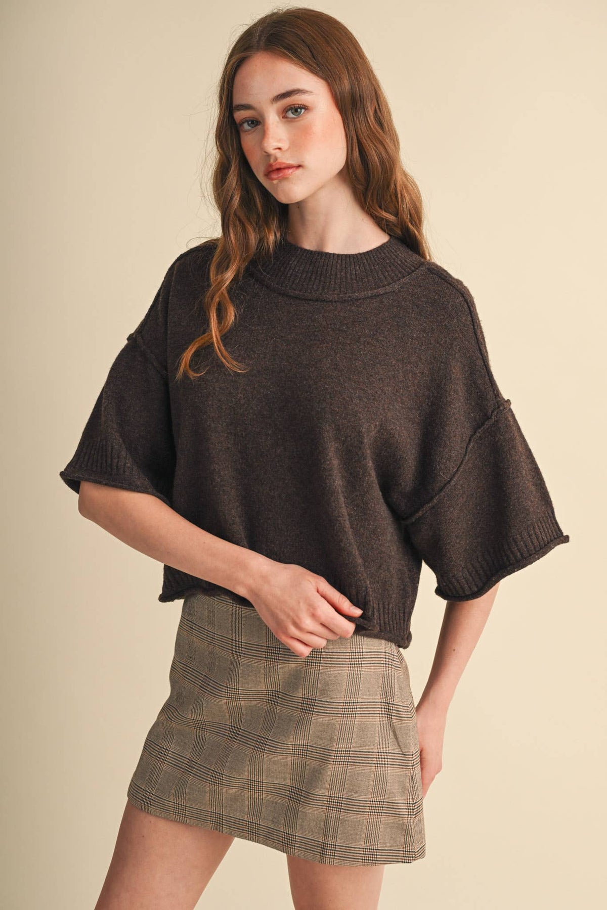 MARLED KNIT MOCK NECK SHORT SLEEVE SWEATER MSW11178