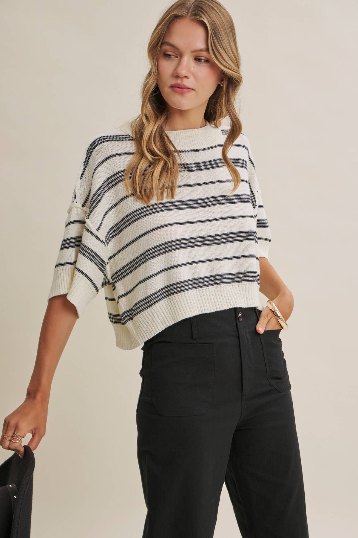 SUNLIT BOARDWALK LINEN COTTON BOXY STRIPE SWEATER