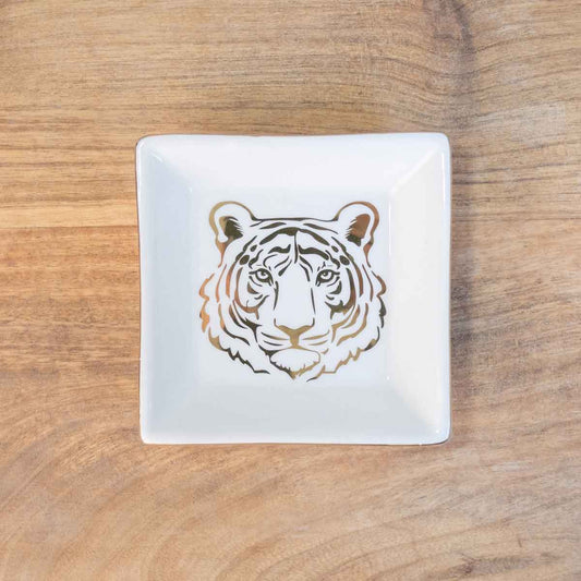 Tiger Trinket Dish   White/Gold   4"