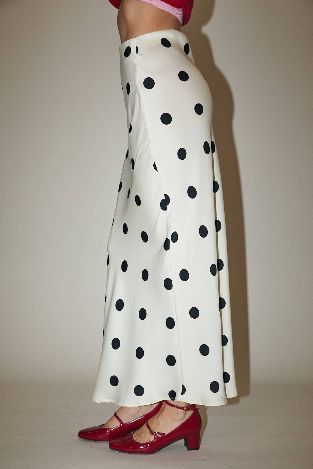 Polka Dot Satin Elastic Waist Midi Skirt