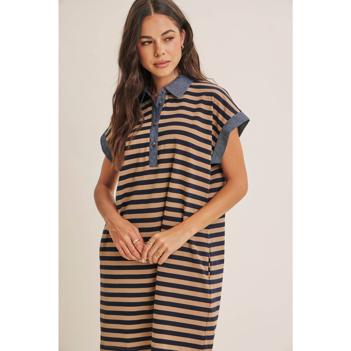 STRIPE COTTON POLO MINI DRESS WITH DENIM CONTRAST