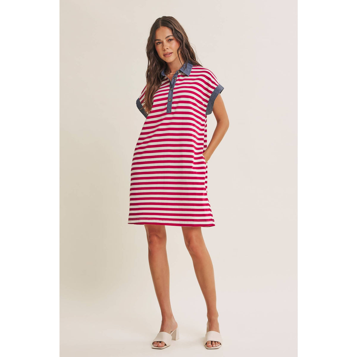 STRIPE COTTON POLO MINI DRESS WITH DENIM CONTRAST