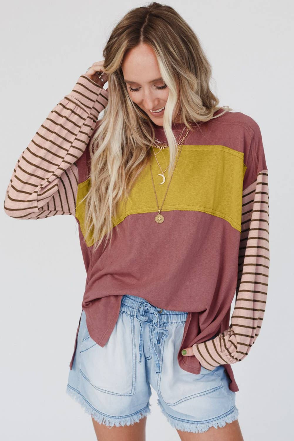 Multicolor Clashing Stripe Bishop Sleeve Top