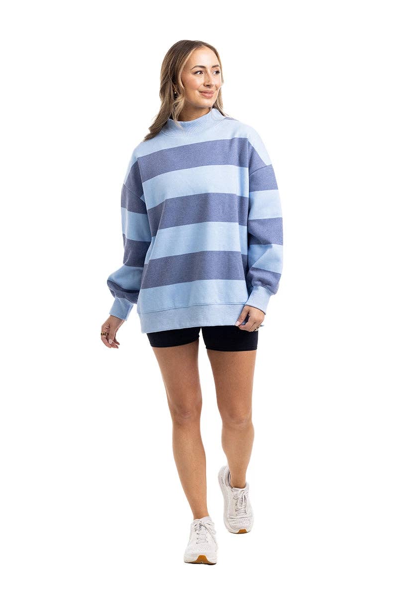 Light Blue and Navy Striped Wholesale Mockneck Pullover