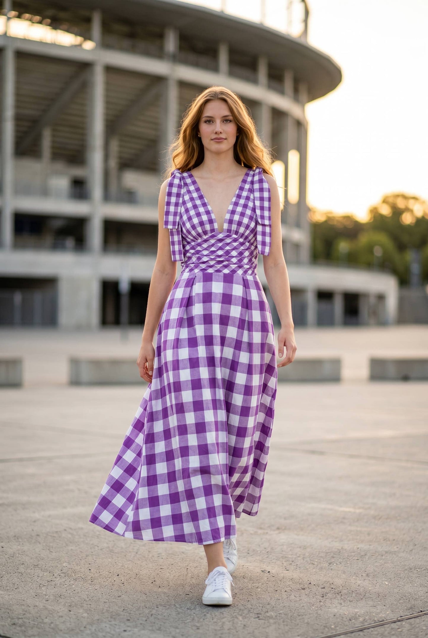Check Pattern Tie Shoulder Maxi Dress