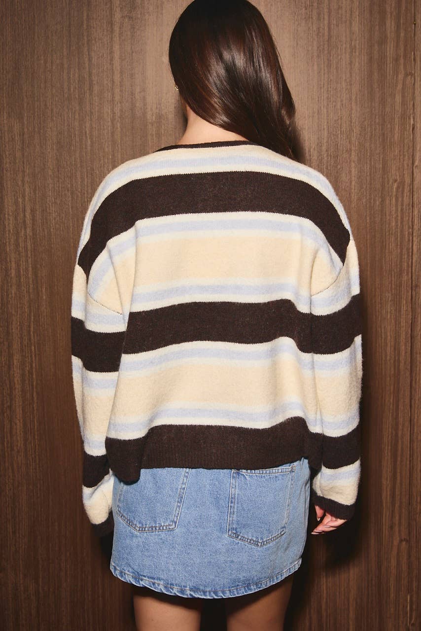Striped Soft Knit Crew Neck Button Cardigan