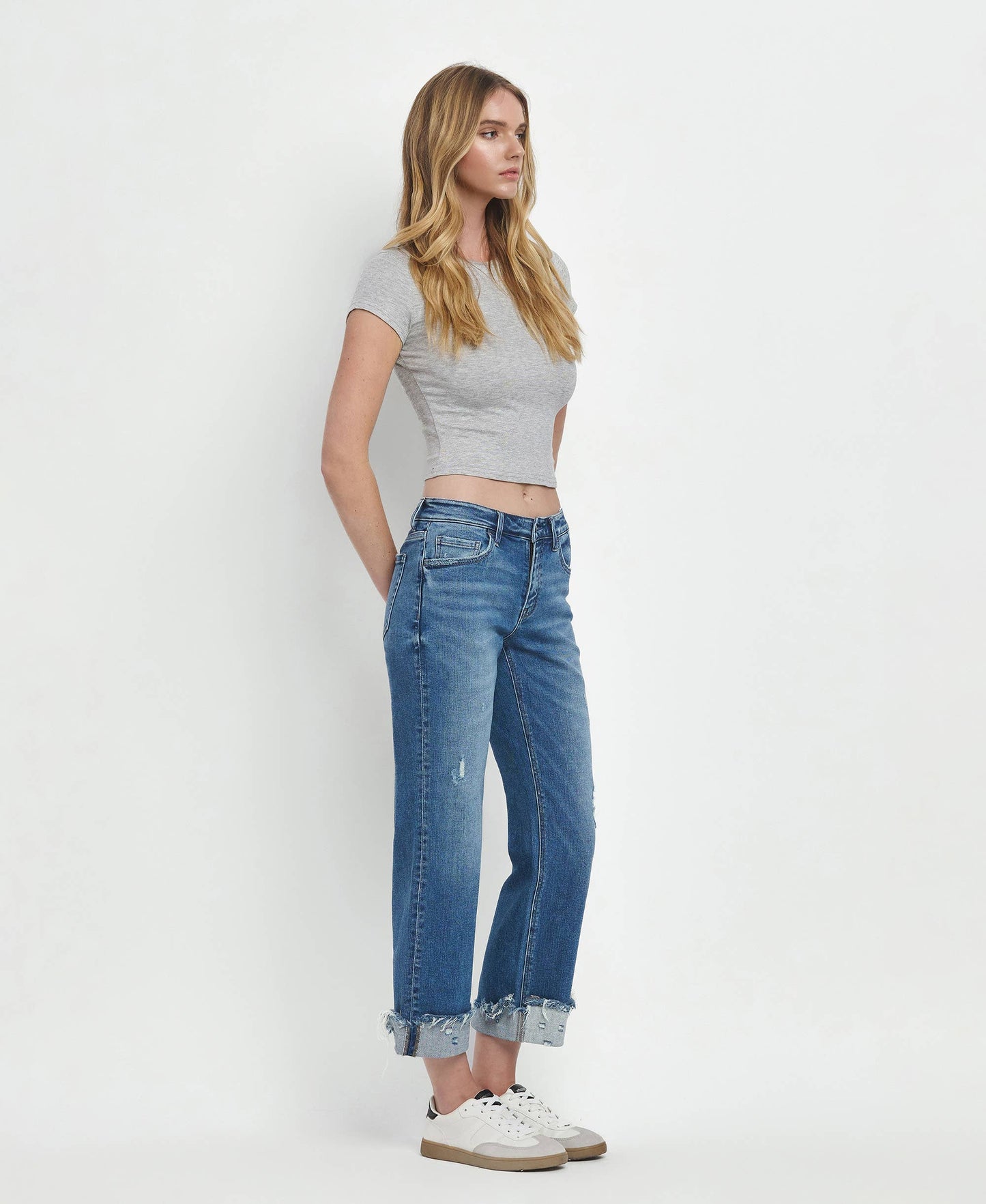 MID RISE RAW CUFFED HEM SLIM WIDE JEANS F5861