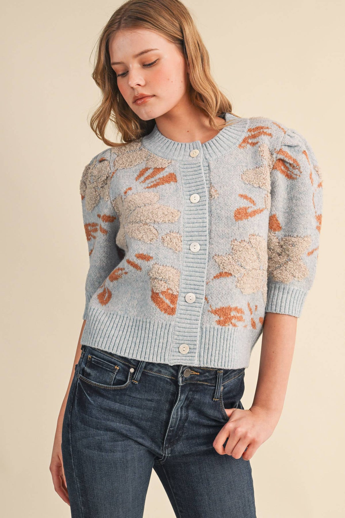 FLORAL KNIT SHORT PUFF SLEEVE SWEATER CARDIGAN MSW11393