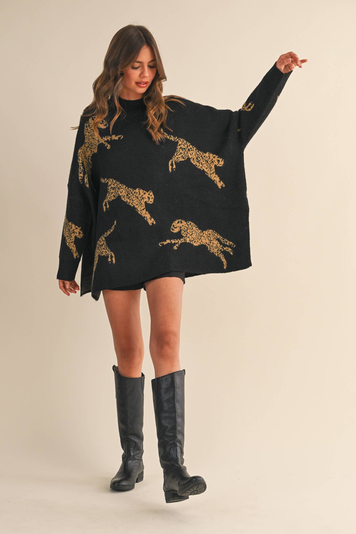 IT4416 CHEETAH PRINT OVERSIZED MOCK NECK SWEATER TOP