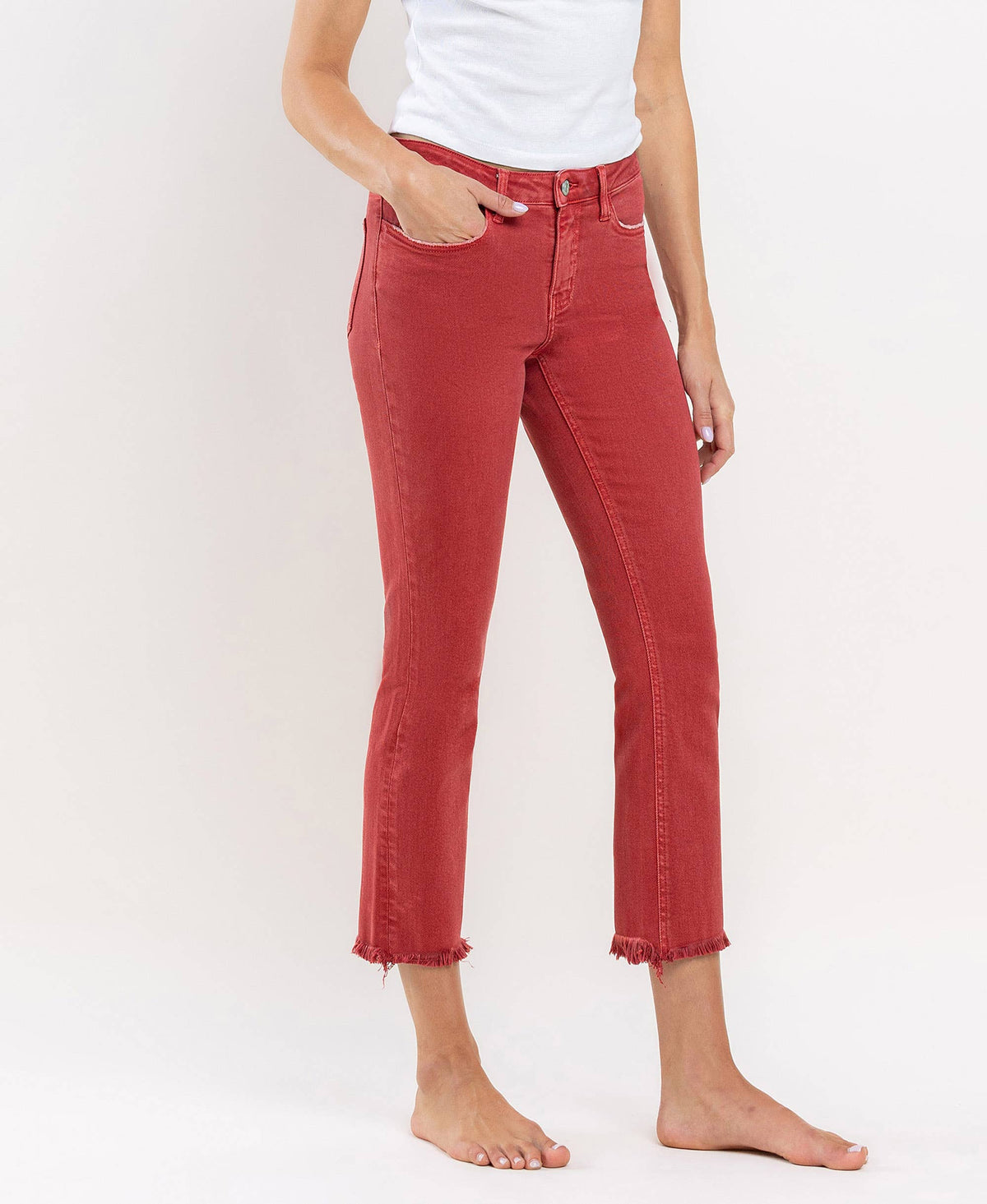 MID RISE FRAYED HEM CROP SLIM STRAIGHT JEANS V3500PRD