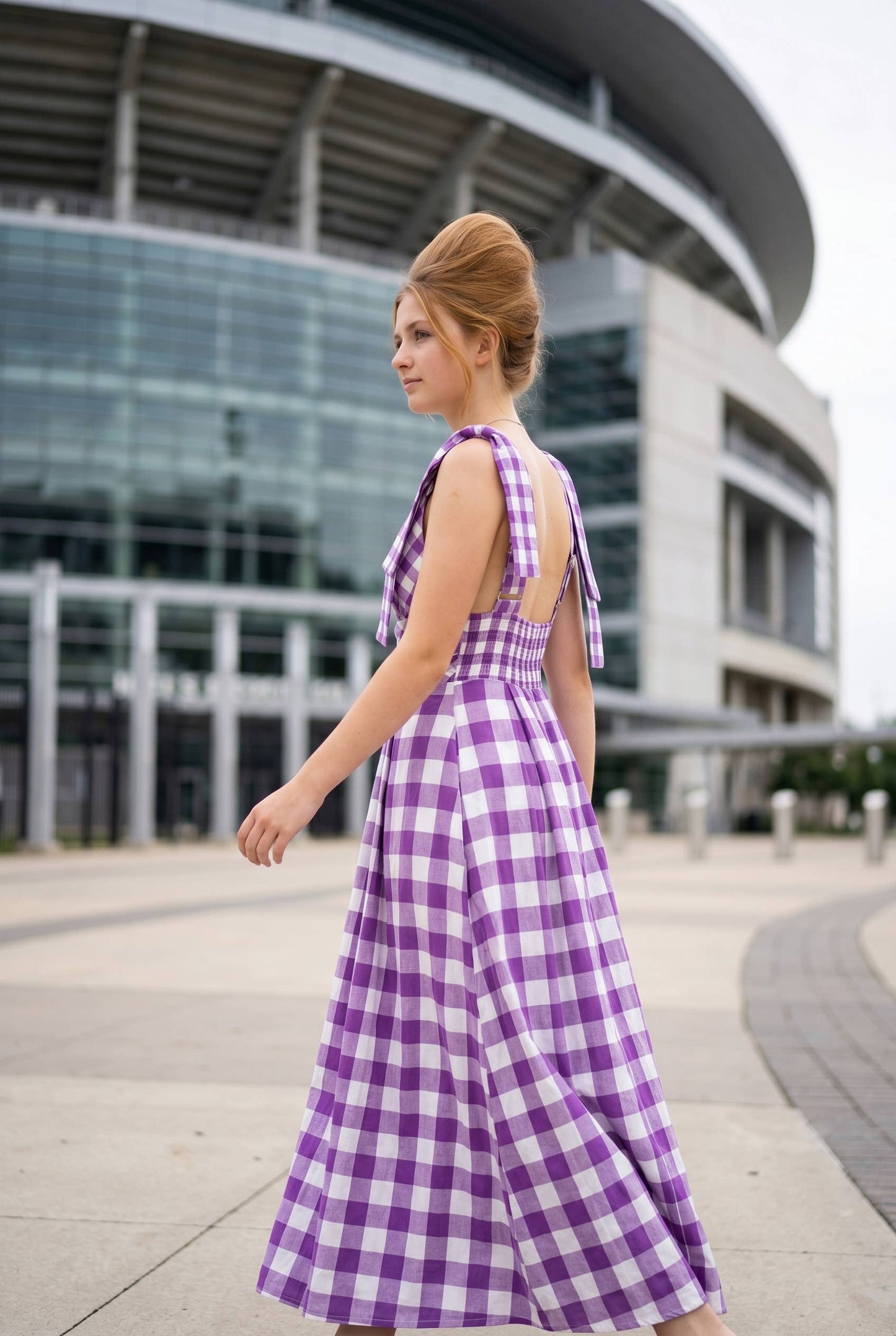 Check Pattern Tie Shoulder Maxi Dress