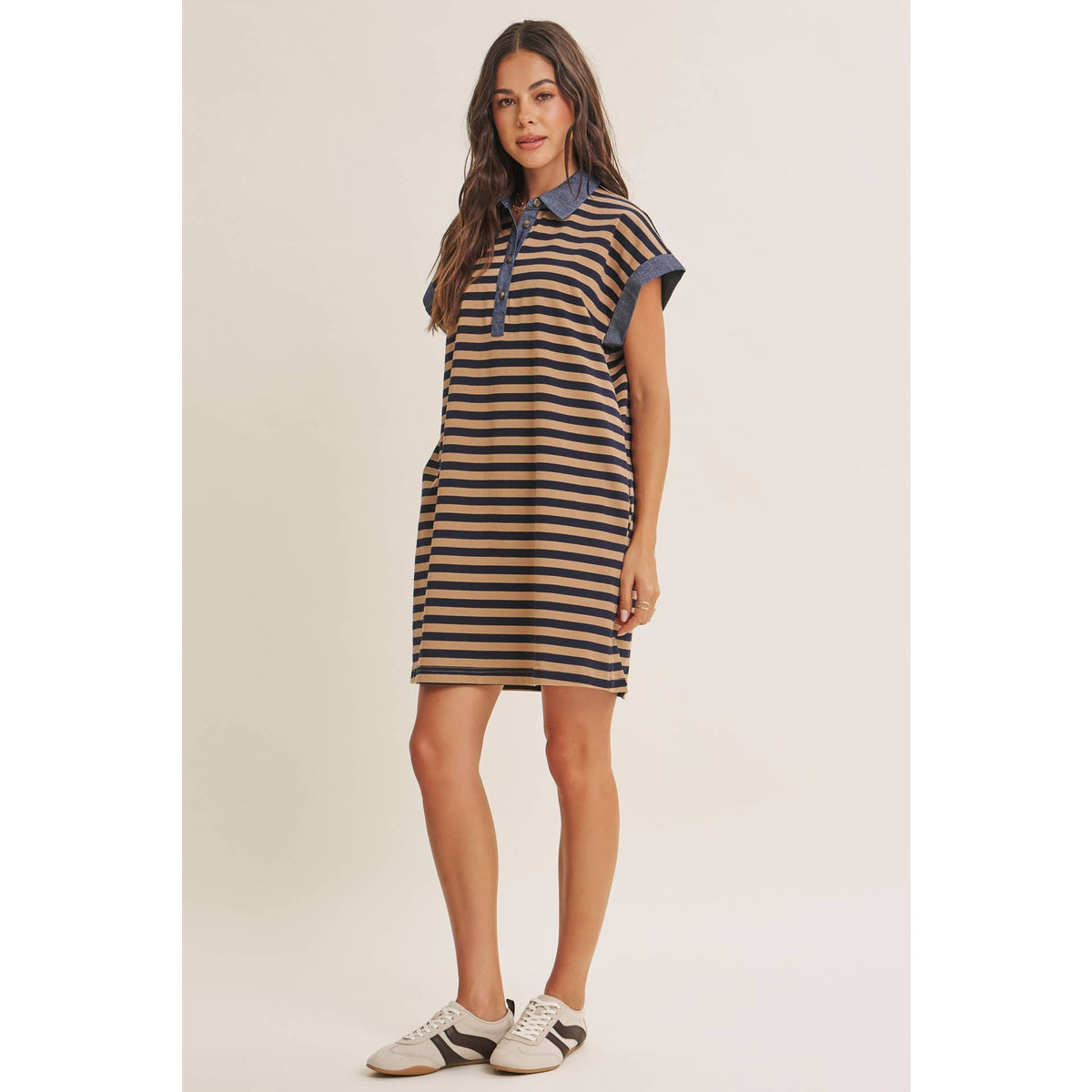 STRIPE COTTON POLO MINI DRESS WITH DENIM CONTRAST
