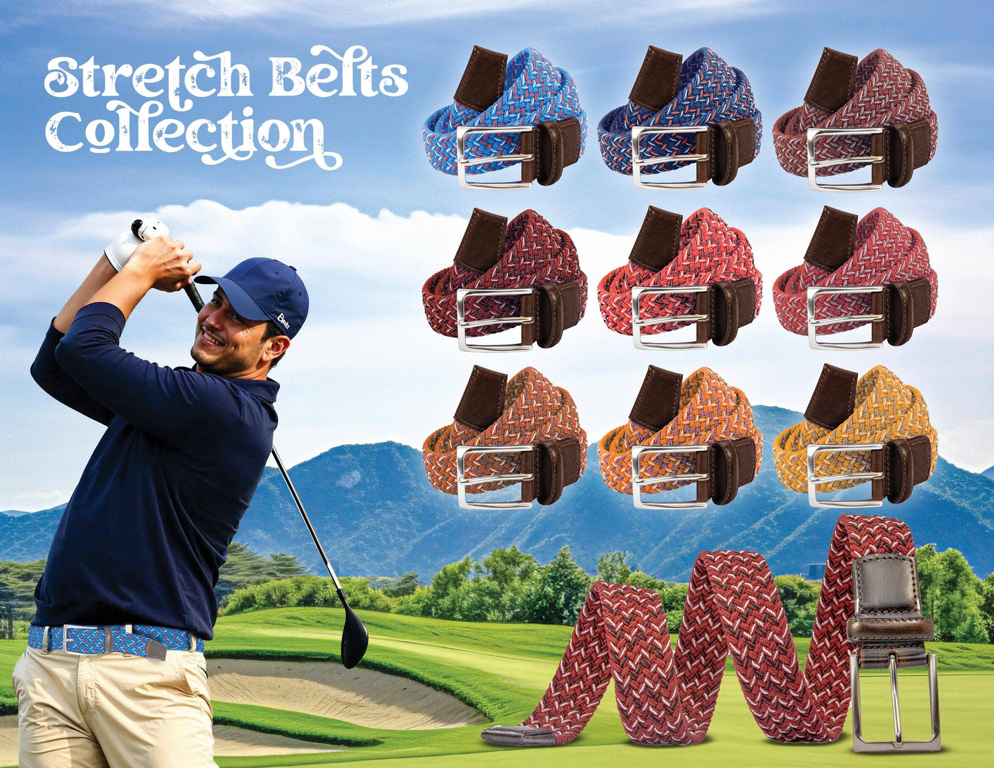 Braided Collegiate Golf Navy and Orange Stretch Belt.