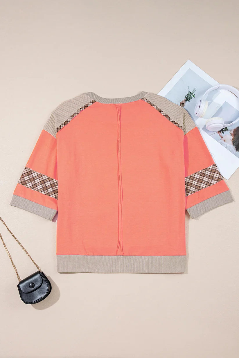 Grapefruit Orange Plaid Flower Waffle Patched Plus Size 3/4 Sleeve Top