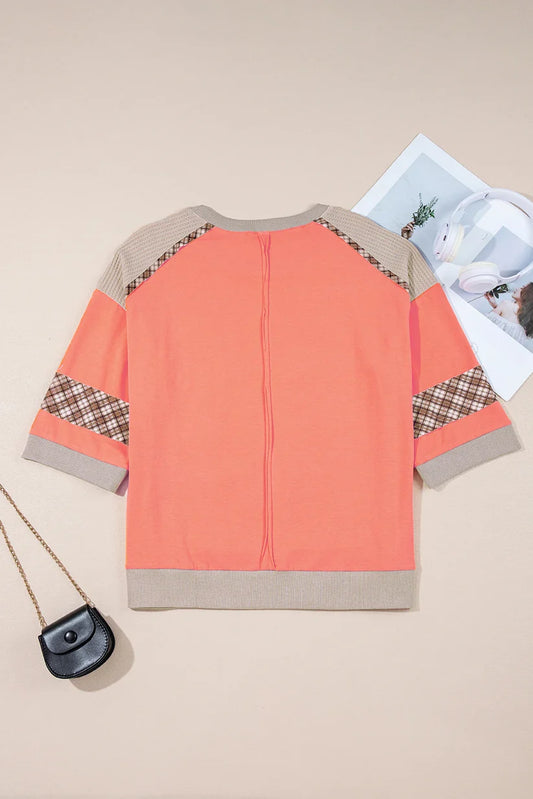Grapefruit Orange Plaid Flower Waffle Patched Plus Size 3/4 Sleeve Top