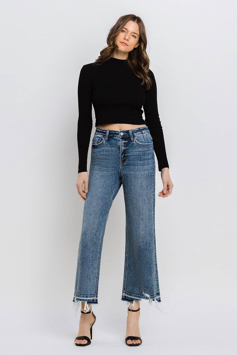 Flying Monkey SUPER HIGH RISE UNEVEN RAW HEM CROP WIDE JEANS