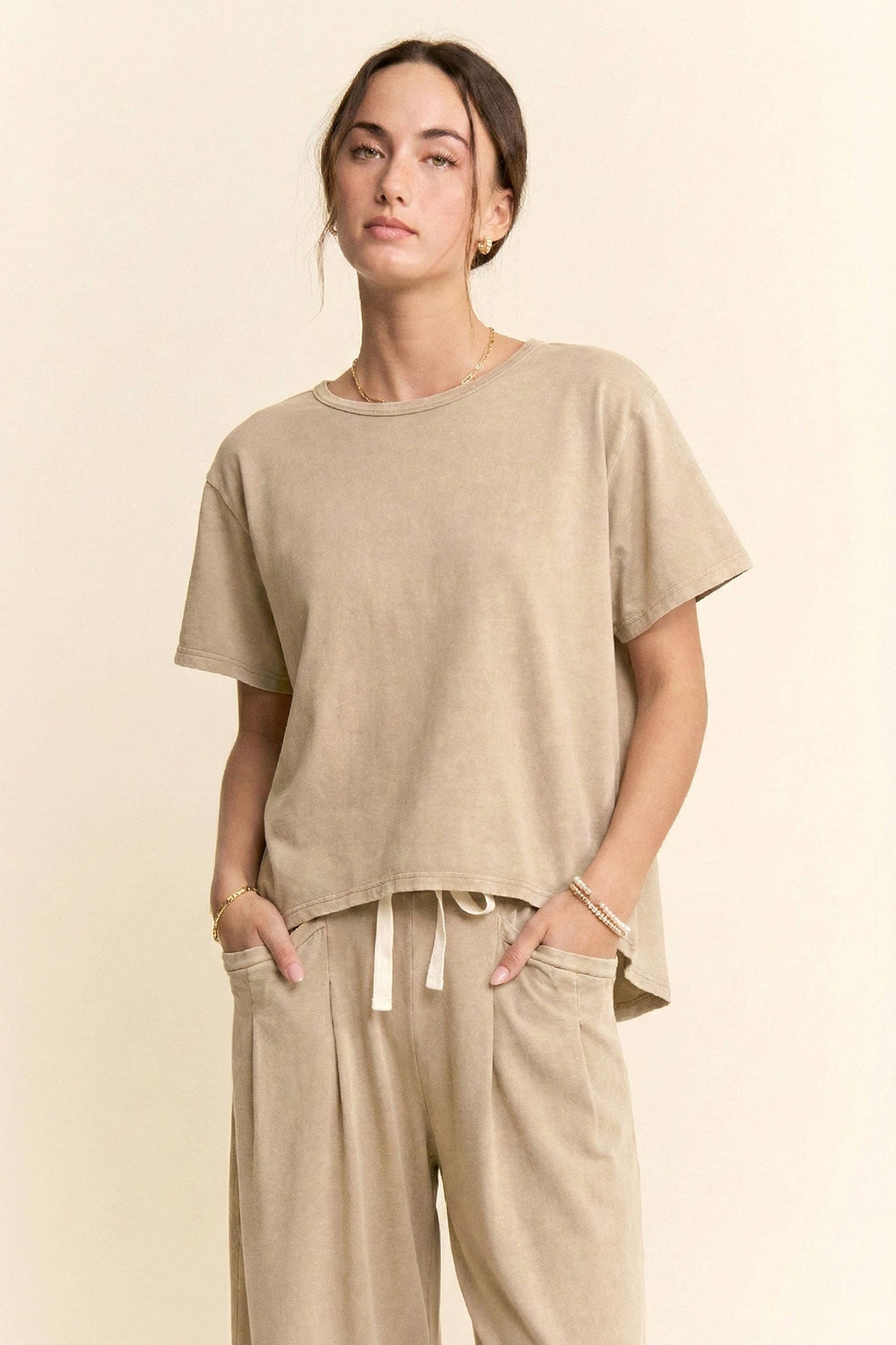 Garment-Wash Pleated Top & Pants Set