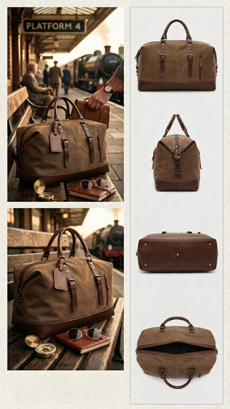 Vintage Waxed Canvas Leather Duffel Weekender Bag